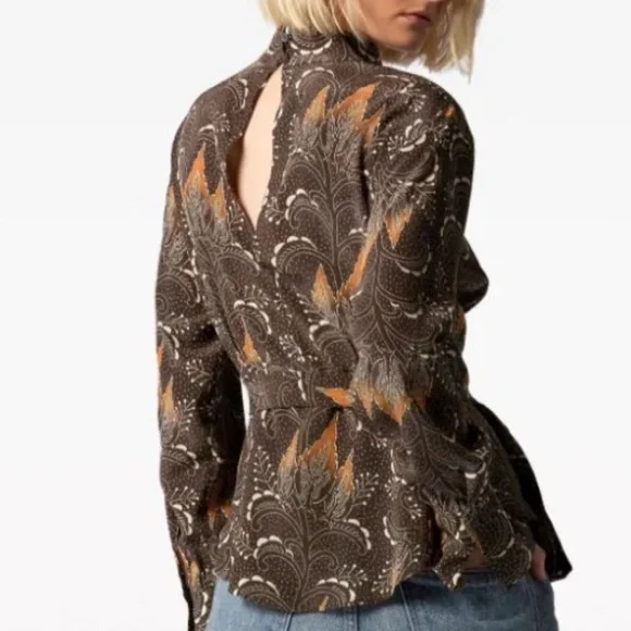 EQUIPMENT Brown Long Sleeve Tie Waist Silk Top Size 12 - Picture 4 of 13